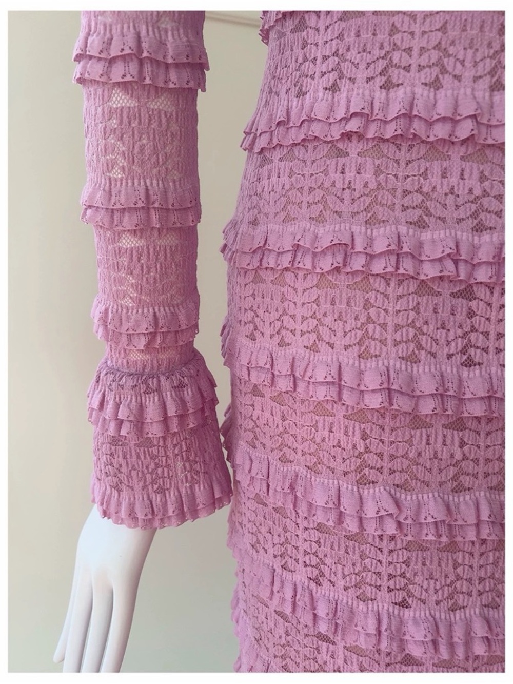 Pink Ruffled Knit Long Sleeve Midi Dress Victorian French Elegant Gown - Picture 15 of 16